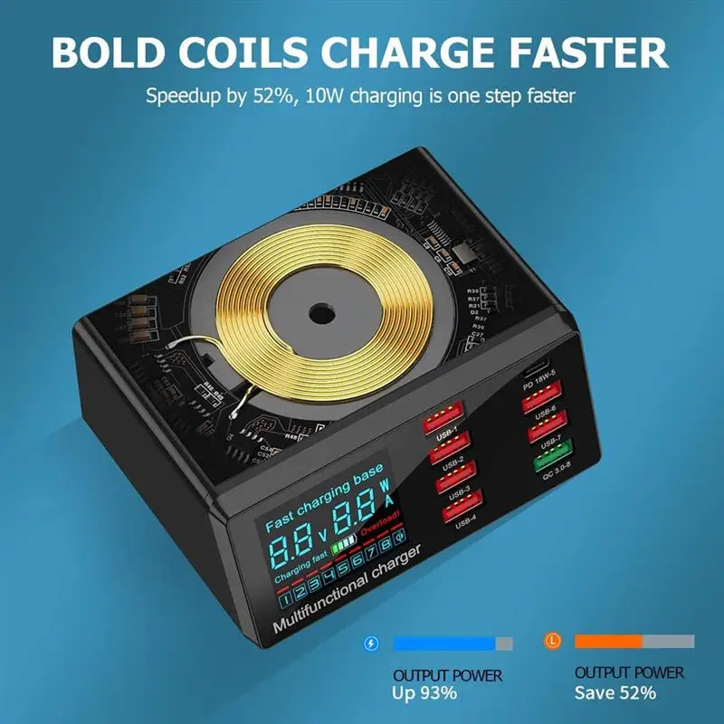 

100W PD Fast Charger 8 Ports USB Charger Quick Charge 3.0 Adapter HUB Wireless Charger Charging Station For iPhone 11 Samsung