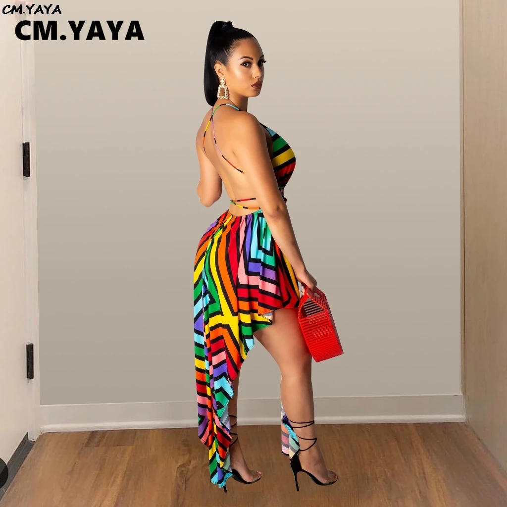 Женское платье макси с лямкой на шее длинное в разноцветную полоску глубоким V