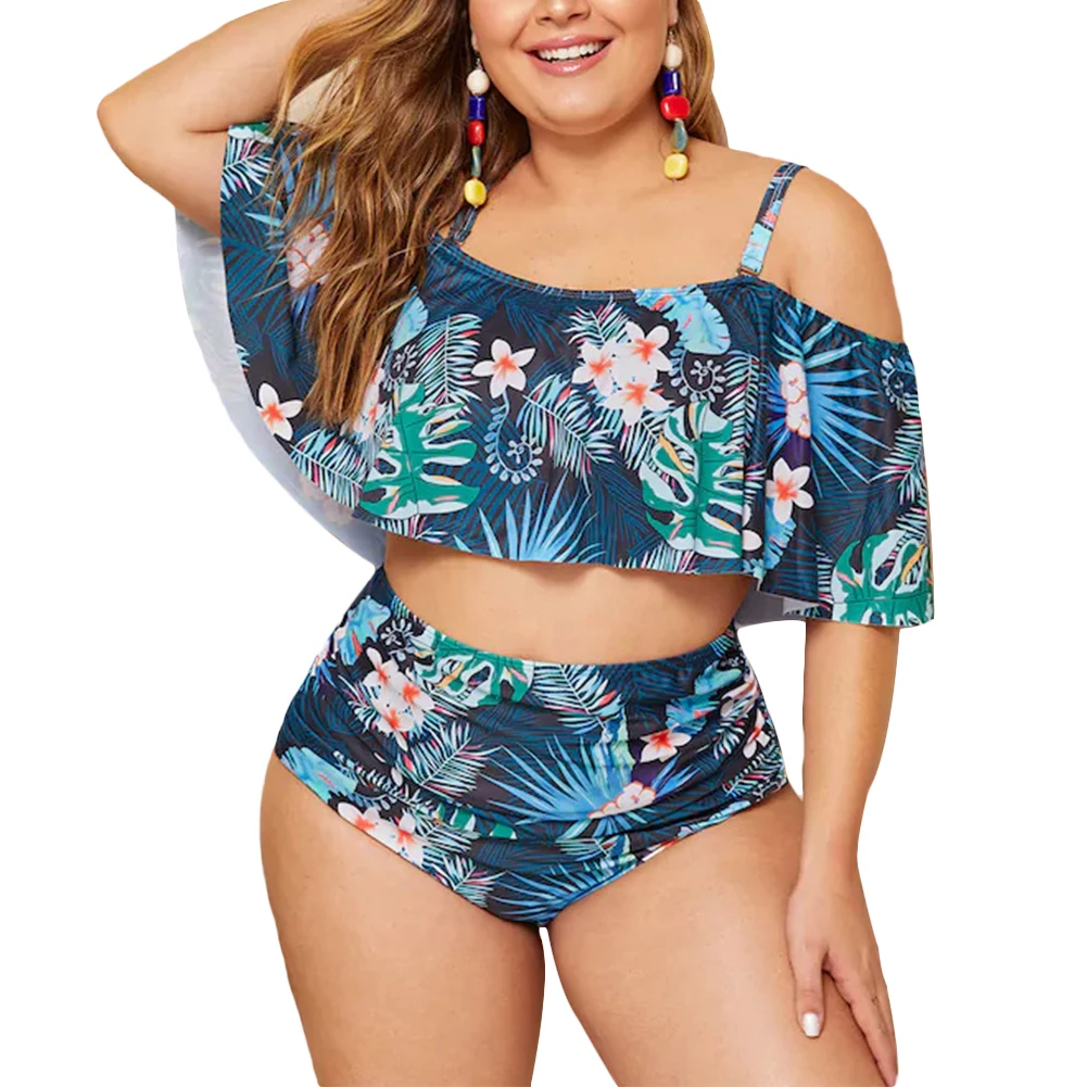 Женский комплект бикини купальный костюм с синими тропическими растениями и