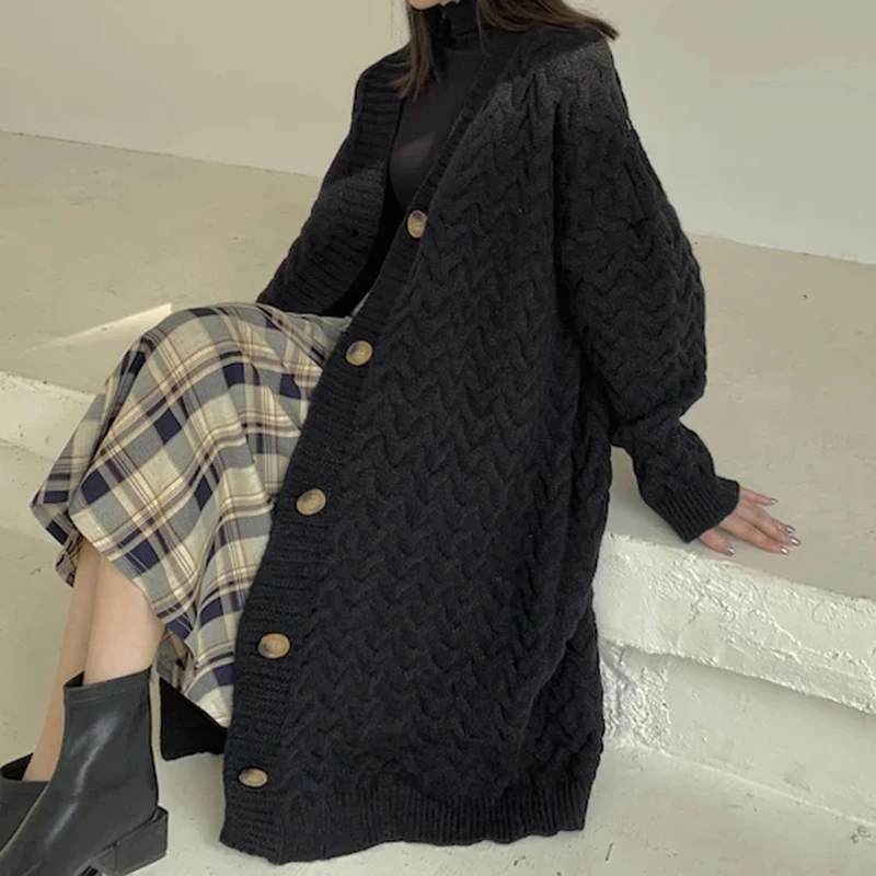 Sungtin Vintage Twisted Casual Long Knit Cardigan for Women Korean Oversized Thicken Warm Loose Women's Sweater Soft Clothings |