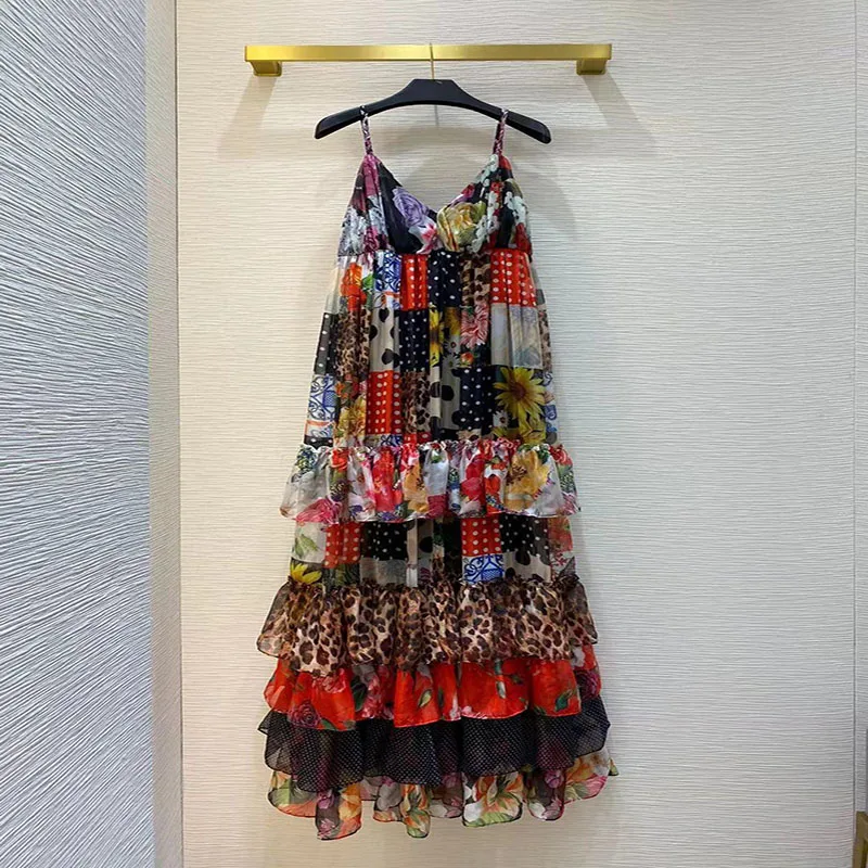 

2021 Fashion Runway Summer Dress Women Spaghetti Strap V-Neck Vintage Floral Print Sexy Ruffles Holiday Top Long Dress