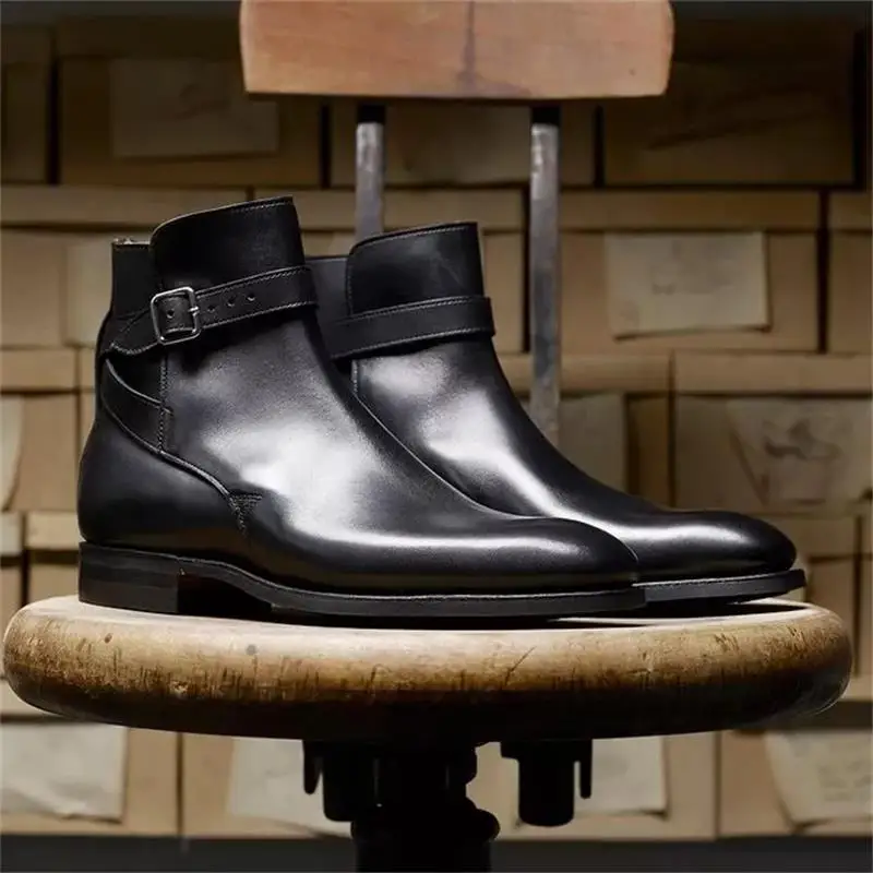 

Мужские классические деловые ботинки HL804, Черные ботильоны ручной работы из искусственной кожи с регулируемой пряжкой и низким каблуком, 2021