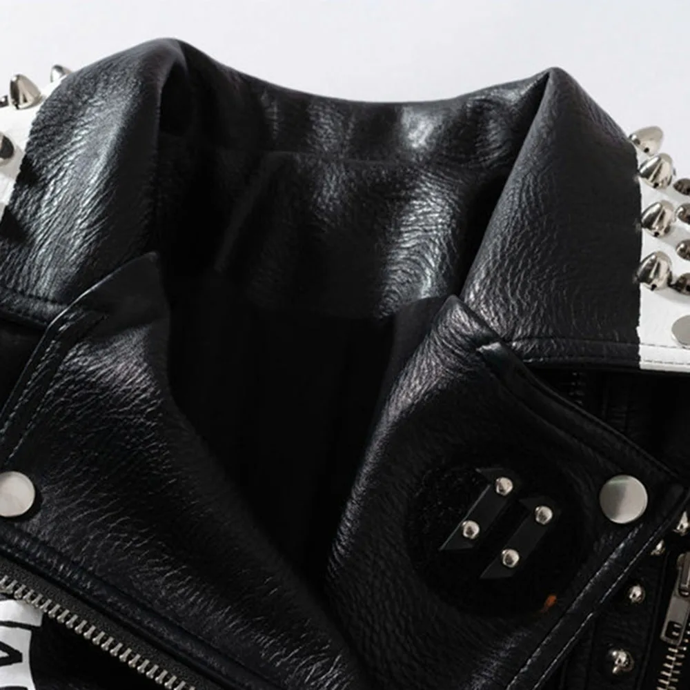 

Women PU Jacket Ram Rock Fan Car Leather Jacket Punk Fashion Graffiti Rivet Jacket Motorcycle Jacket Black Faux Leather Coat