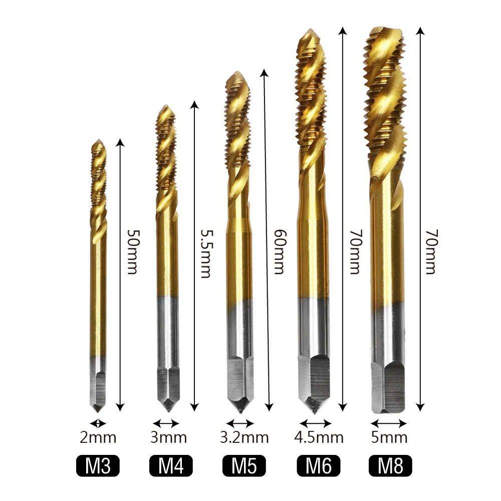 

5pcs/lot Spiral Fluted Machine Screw Tap M3 M4 M5 M6 M8 Spiral Pointed Taps Thread Tap Drill Titanium Coated Titanium Alloy