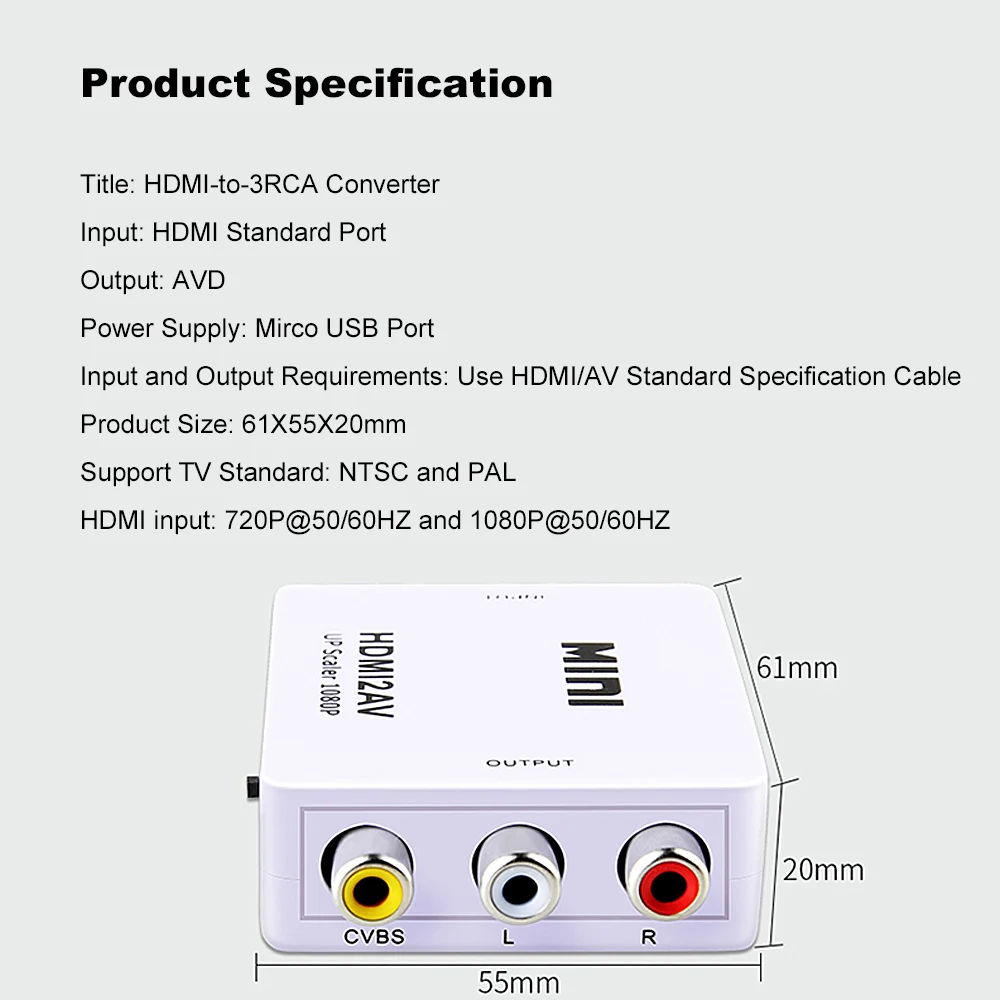HDMI-compatible to AV Scaler Adapter HD Video Converter Box HDM-compatible Ito RCA AV/CVSB L/R Adapter Converter Box Support