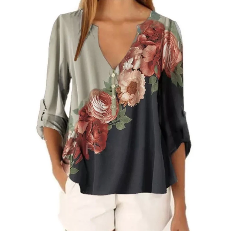 

Women Shirts Floral Print Long Sleeve Loose V-collar Trend Elegant Noble Simple Blouse Shirts