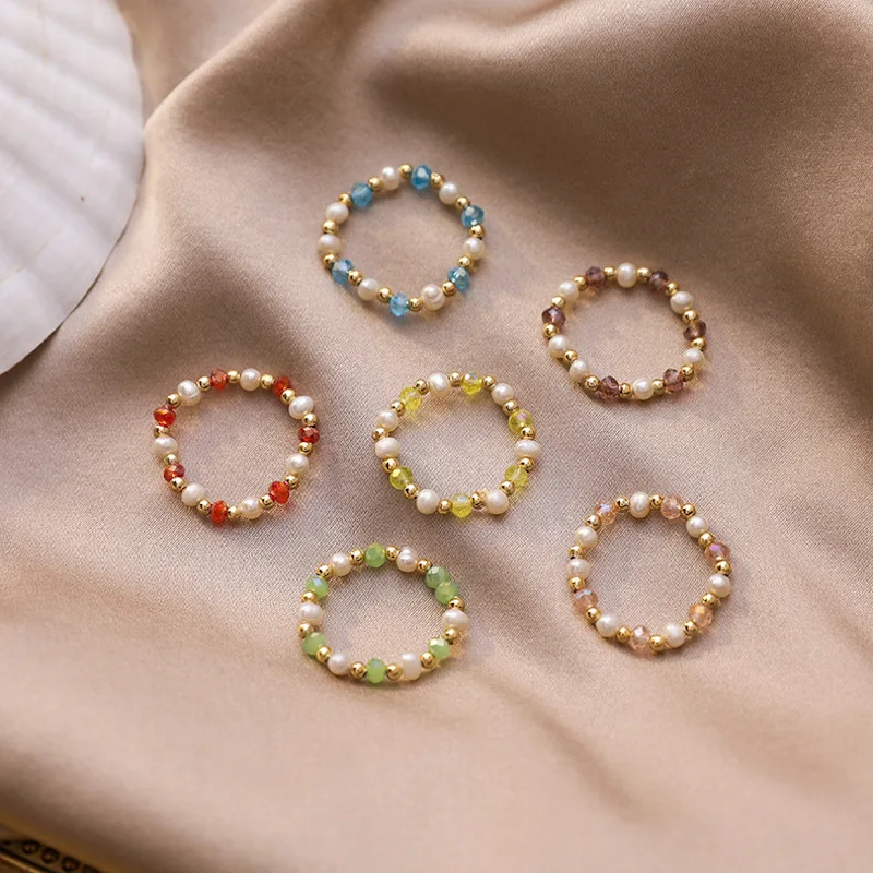 

Multicolor Crystal Freshwater Pearl Handmade Beaded Finger Rings For Women 2021 Trendy Female Jewelry Accessories Wholesale Gift