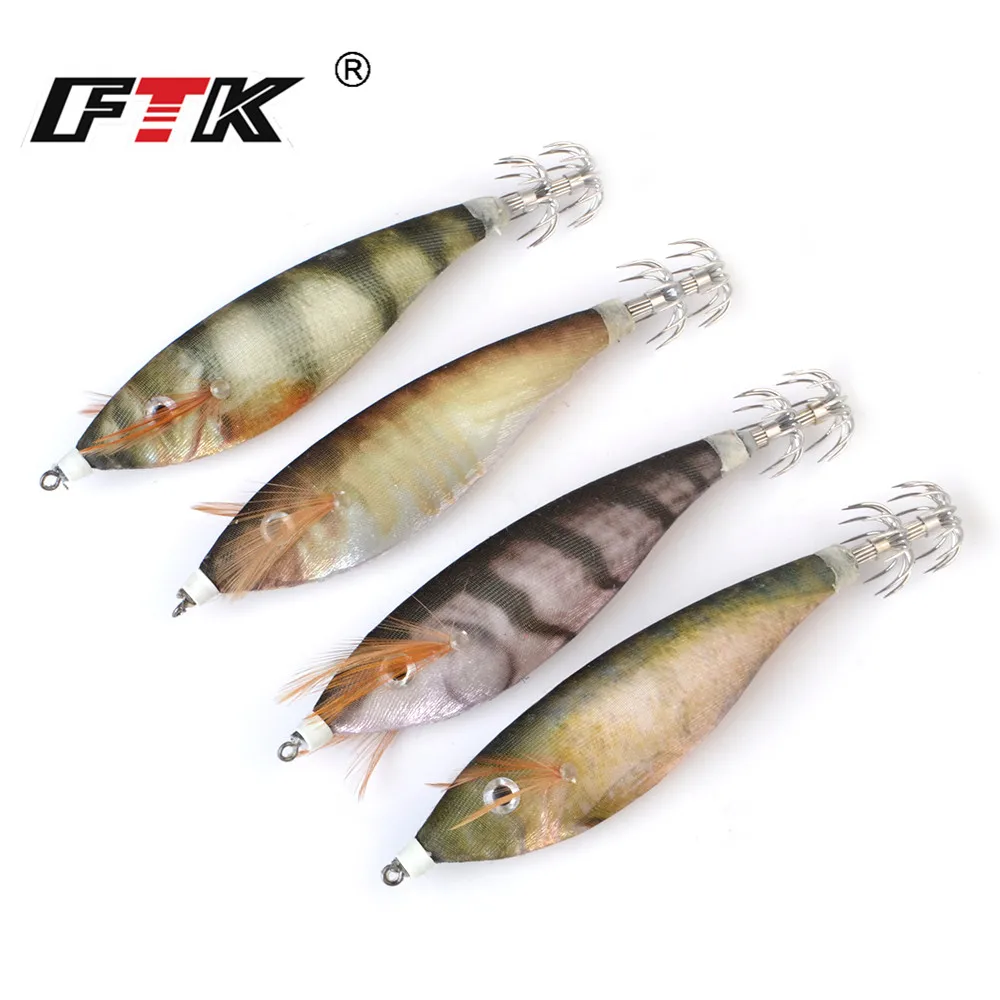 

FTK Fishing Lure 90mm Squid Hook Luminous Wobblers Jigs Octopus Wood Shrim Cuttlefish Hard Baits 3D Eyes For Winter Fishing