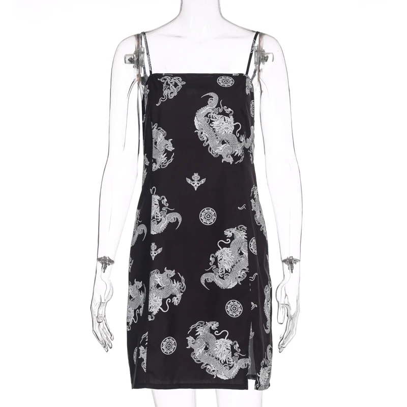 

Hugcitar 2020 dragon print sleeveless slit sexy slip mini dress autumn women streetwear club outfits
