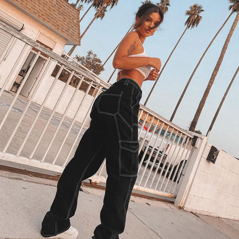 

New 2021High Waist Jeans Woman Wide Leg Denim Boyfriend Streetwear Clothing Cotton Fashion Harajuku Pocket Straight Cargo Pants