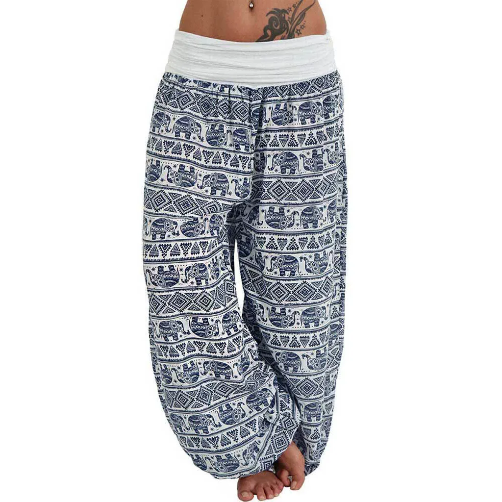 Женские брюки султанки длинные с высокой талией пляжные синие свободные карго