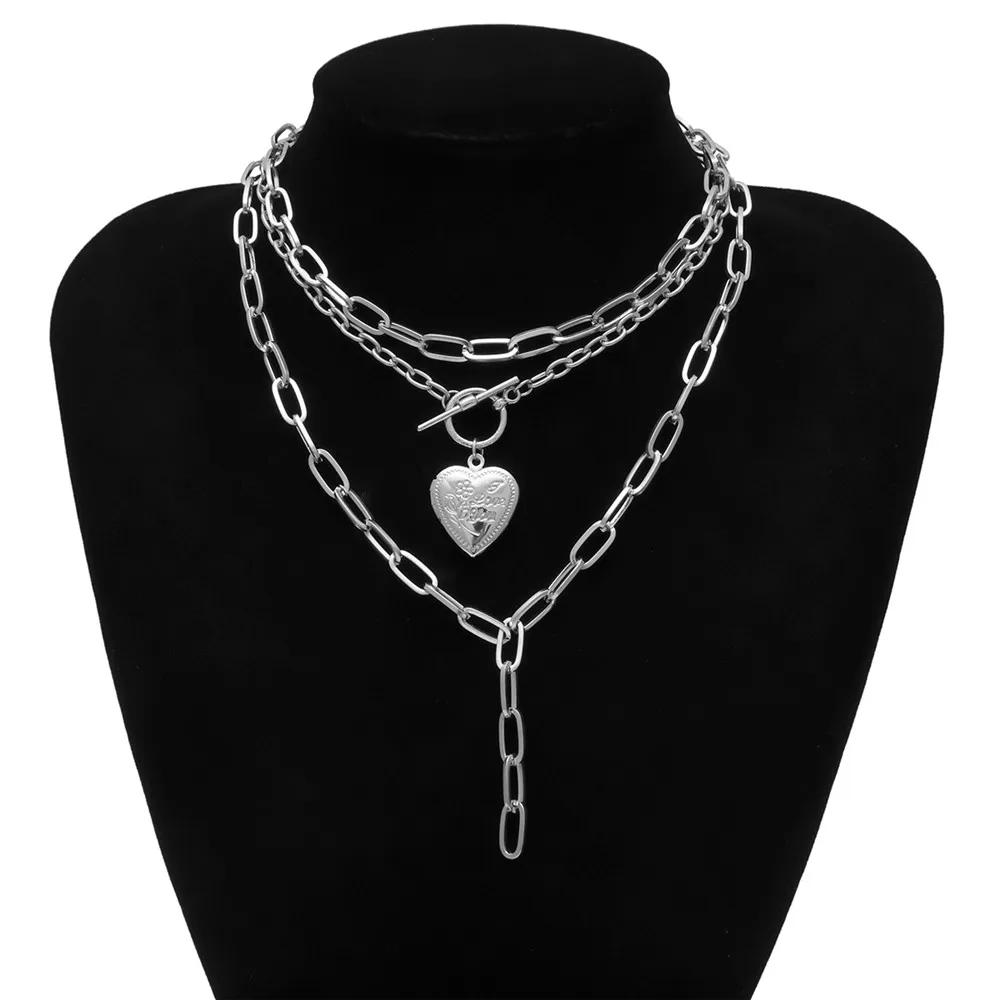 Панк кубинское ожерелье-чокер многослойный любовный сердечный медальон кулон ожерелье хип-хоп большая массивная цепочка хип-хоп ювелирные изделия для женщин - Окраска металла: Silver
