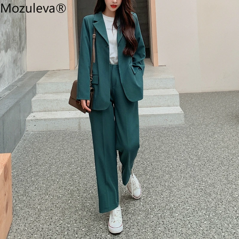 Mozuleva 2020 Notch Collar Single-button Women Slim OL Blazer&ampHigh Waist Pockets Straight Suit Pants Two Pieces Business Suits | Женская