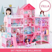 princess villa diy doll house pink castle game room with doll kit assembly doll house girl toy birthday gift family toys