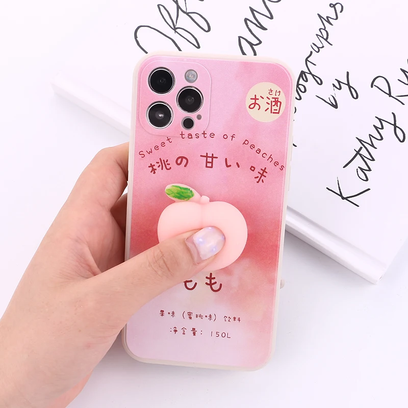 

Cute Pink Peach Cartoon 3D Pinch phone case for iphone 11 12 Pro Max MiNi X XR XS 7 8P Shell Liquid Silicone Phone Cover Funda