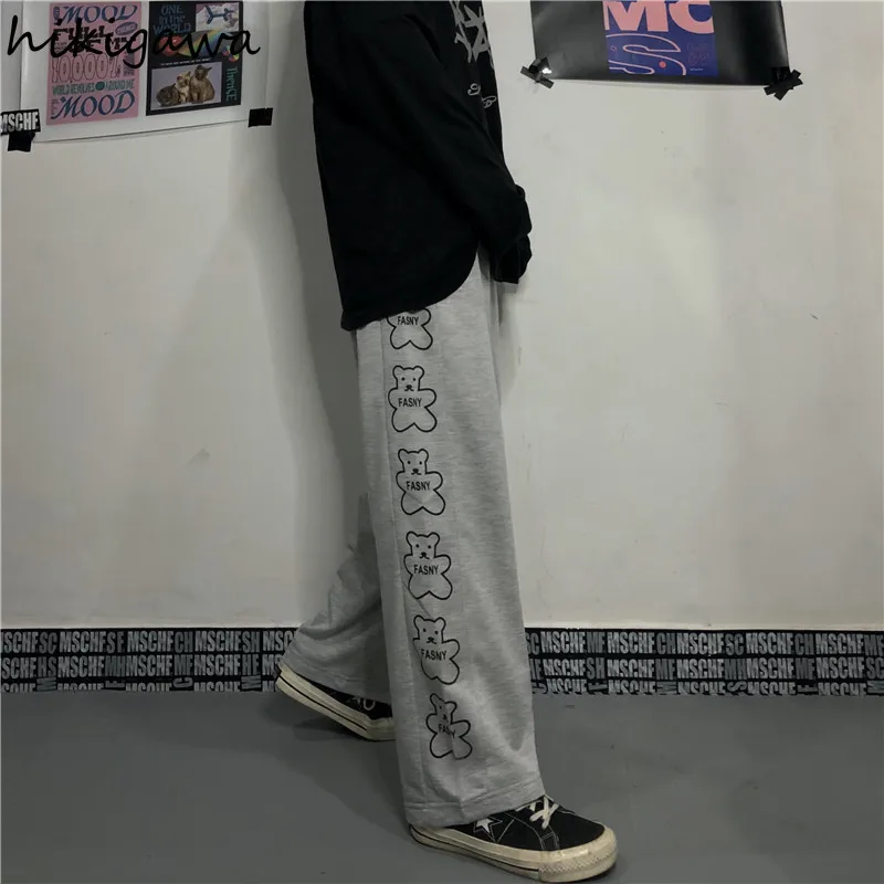 

Hikigawa Women's Wide Leg Pants Casual Bear Print Trousers Korean Harajuku Loose BF Straight Pantalon All-match Sweatpant 7z187