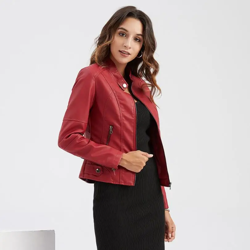 

2020 Spring Autumn Fashion Slim Women's Leather Jacket Mandarin Collar Zipper Black PU Leather Biker Woman Jacket High Quality