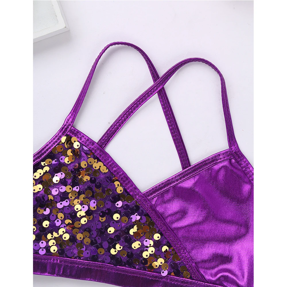 

Kids Girls Shiny Sequins Metallic Bra Crop Tops with High Waist Shorts for Gymnastics Ballet Jazz Stage Performance Dancewear