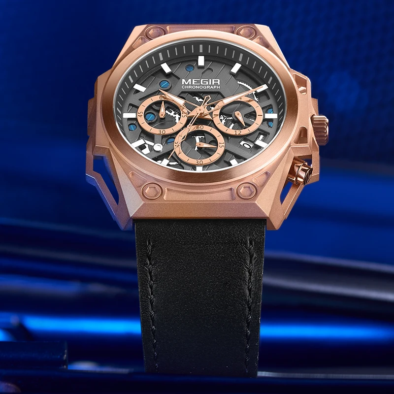 Мужские часы MEGIR кварцевые с хронографом из розового золота Классические