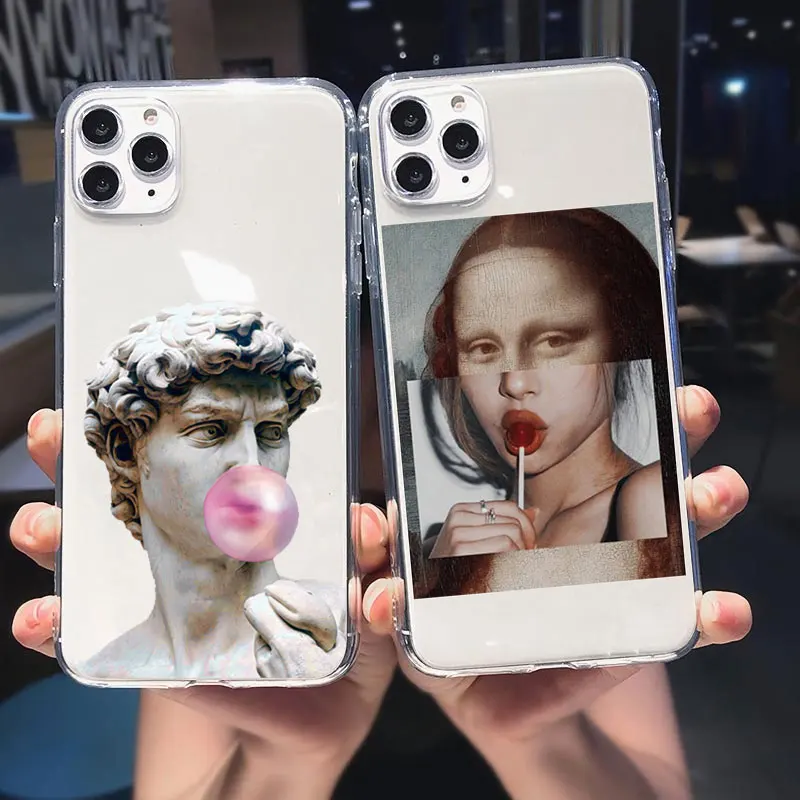 

Mona Lisa David Statue Abstract Art Retro labels soft Silicone TPU Cover For iPhone 13 Mini 13 Pro Max 12 Pro Max 11 Phone Case