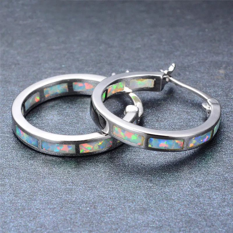 New Luxury Rainbow Fire Opal Hoop Earrings For Women Silver Color Blue/White/Green Birthstone |