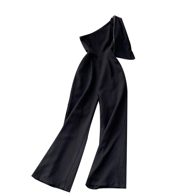 

Women New Fashion Sexy Summer Slant Collar Slim Long Wide Leg Jumpsuit Rompers Solid Color Overalls Outfits T310