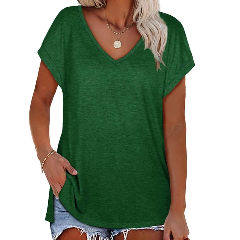 

2021 Summer Women Solid Color Split V-Neck Short-Sleeved T-Shirt Ladies Fashion Casual Loose Streetwear Elegant Tee-Shirts Tops
