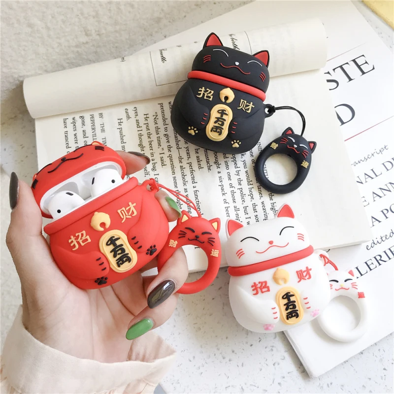 

For AirPods Case Cute Lucky Cat Earphone Cases For Airpods 1/2 Funny Protect Cover With Finger Ring Strap Headphone Case