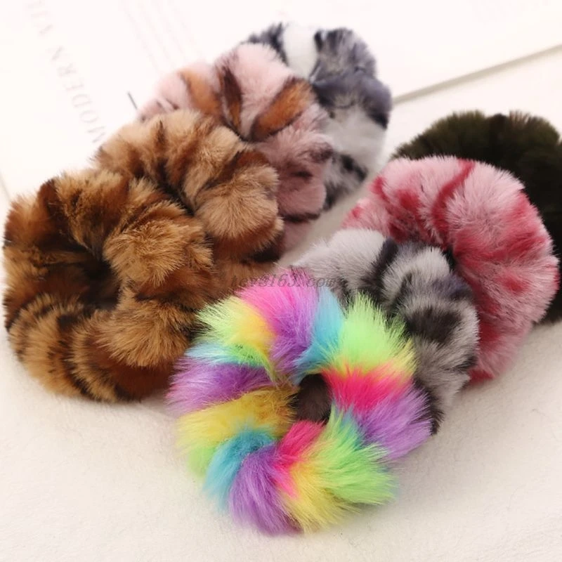 

Women Winter Furry Fluffy Plush Hair Tie Rope Sweet Colorful Rainbow Leopard Elastic Ponytail Holder Pom Pom Scrunchies