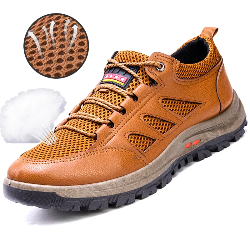 

2021 Hiking Mesh Sneaker New Summer Breathable Trend Outdoor Sports Boots Comfortable Cowhide Lining Men's Casual Leather Shoes