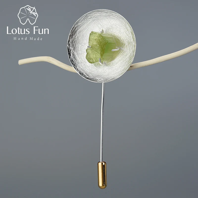Green Lotus весело Настоящее 925 пробы серебро натуральный камень ручной работы оригинальные ювелирные украшения Личность Круглый броши для женщи - Цвет камня: Green