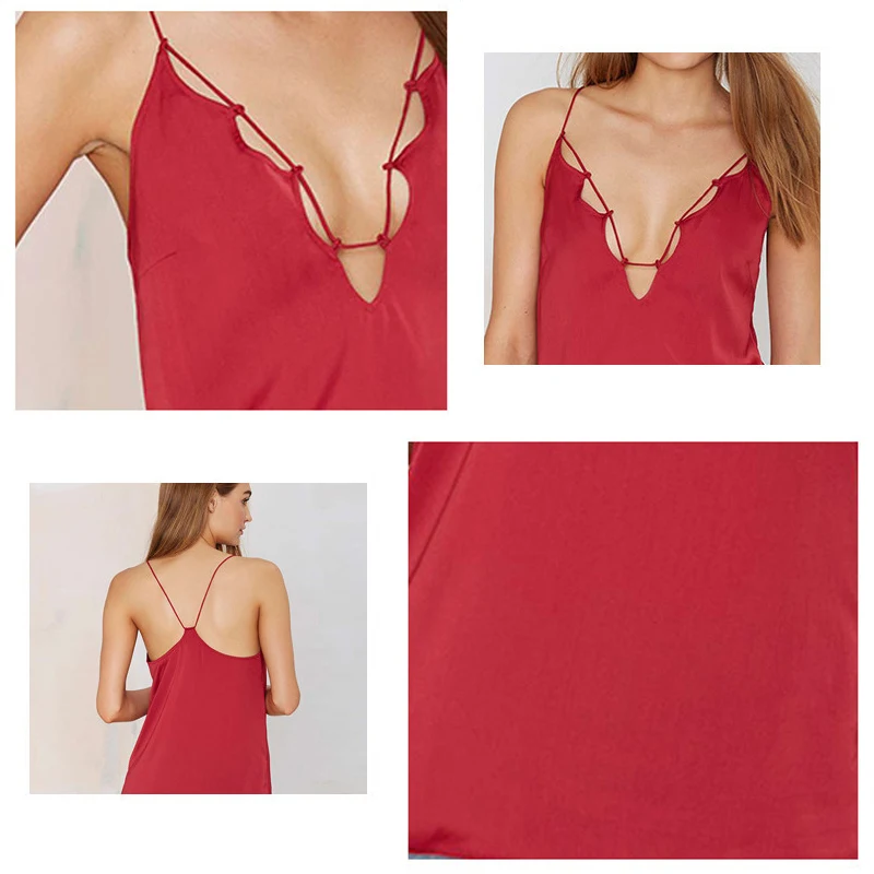 

Summer Casual Crop Top Women Sexy Fan-shaped Drawstring Deep V-neck Camisole Halter Female Sleeveless Backless Red Tank