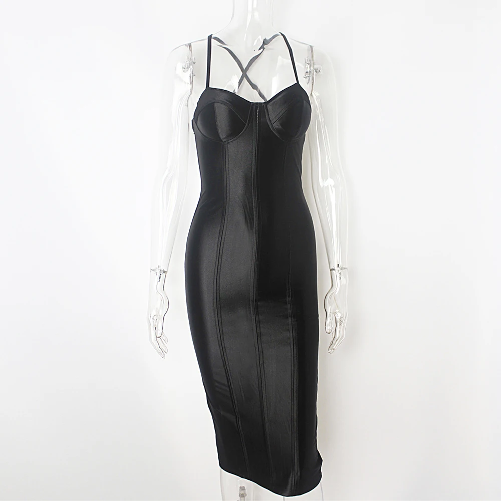 Блестящие золотые атласные до колена Вечерние Платья Bodycon без бретелек Мягкий без рукавов платье выдалбливают в обтяжку с открытой спиной посылка бедра платье - Цвет: Черный