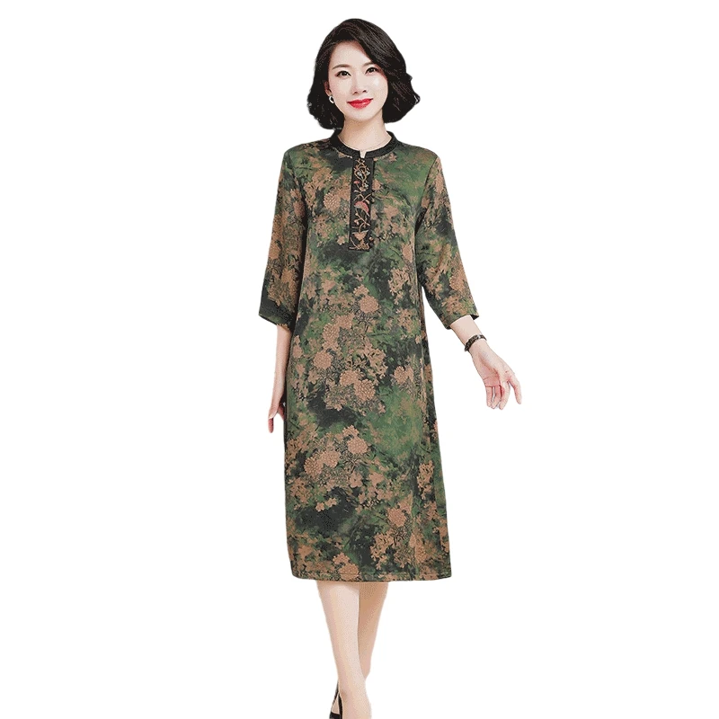 

High End Pearl Satin Gambiered Canton Gauze Silk Dress Real Mulberry Silk Medium Length Loose Large Size Hyacinth Yarn