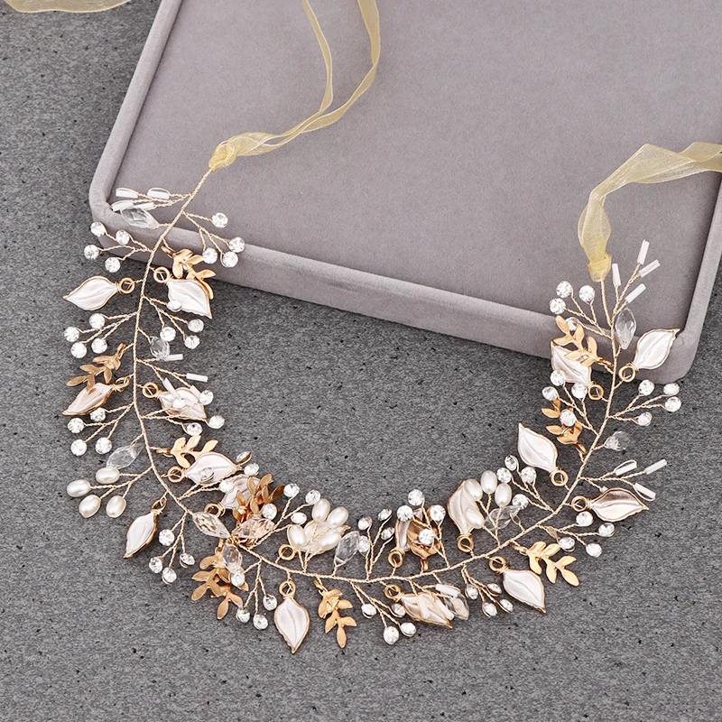 Повязка на голову женская легкая Золотая свадебная тиара с жемчугом аксессуар