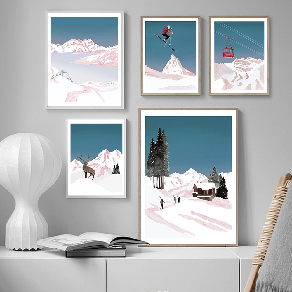 

Abstract Winter Snow Mountain Deer Wall Art Canvas Painting Nordic Posters And Prints Wall Pictures For Living Room home Decor
