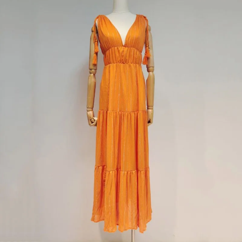 

DEAT Women Orange Bandage Folds Striped Office Lady High Dress New V-Neck Sleeveless Loose Fit Fashion Tide Summer 2021 7E7934