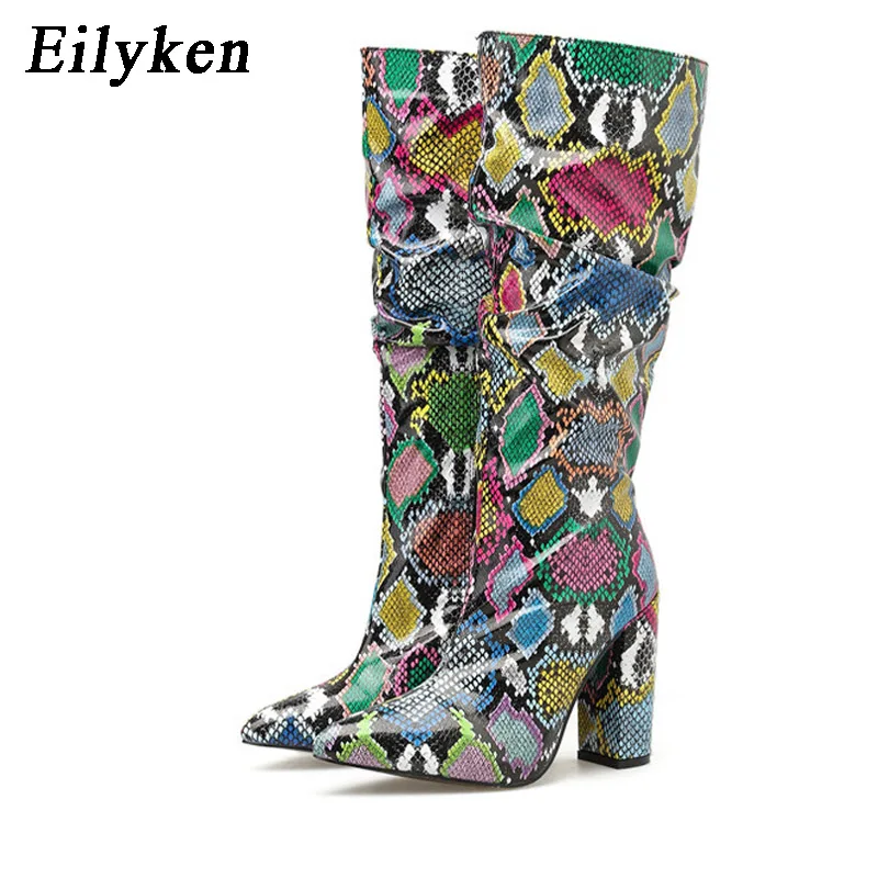 Green EilyKen/пикантные женские сапоги до колена на Высоком толстом каблуке, с острым носком, на молнии; зимние сапоги со складками - Цвет: Green