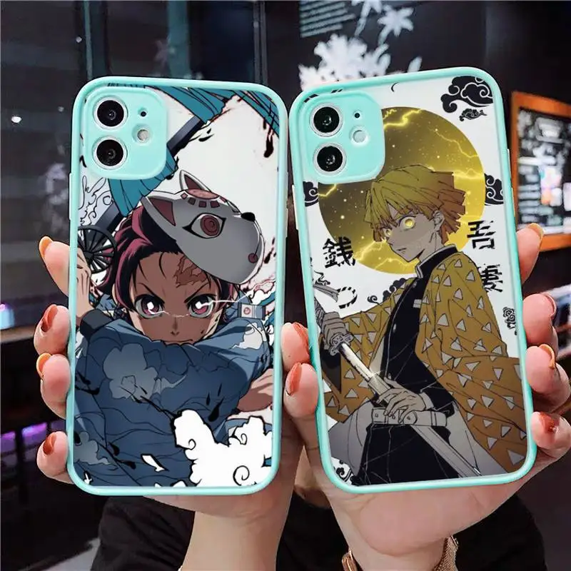 

Kimetsu No Yaiba Demon Slayer Anime Phone Case For iPhone 12 11 Mini Pro XR XS Max 7 8 Plus X Matte transparent blue Back Cover