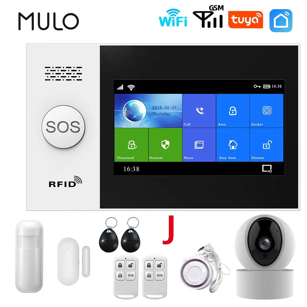

MULO Wifi GSM Smart Alarm System for Home Wireless Burglar Security 433MHz Tuya app Control With IP Camera Motion Door Detector