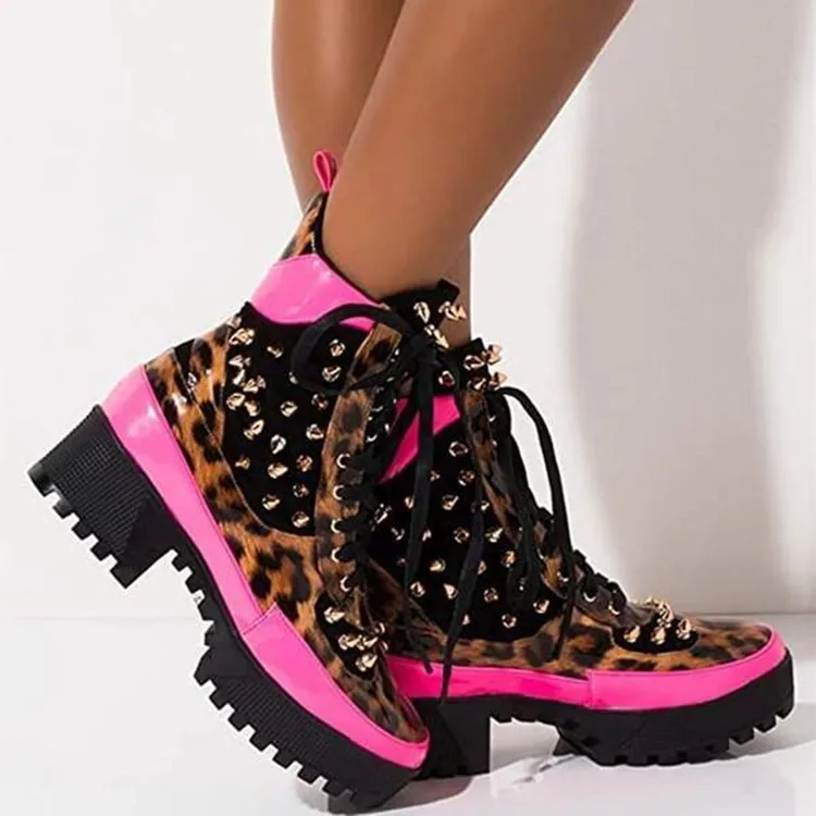 

Winter Women Boots 2021 Autumn Platform Ladies Shoes Punk Sneakers Thick Heel Leopard Rivet Lace Up Short Boots Warm Ankle Boots