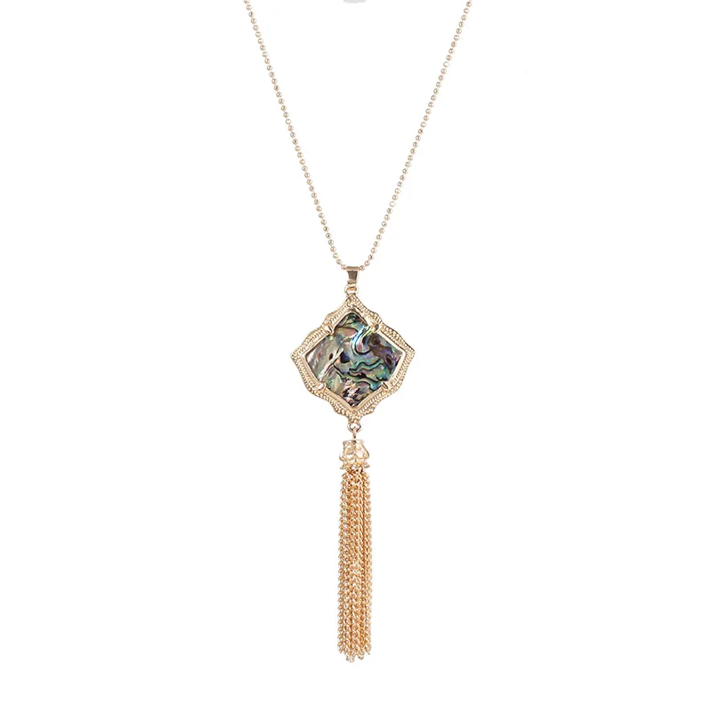 

Designer Inspired Woman Trendy KS Jewelry Kite Pendant Metal Link Chain Tassel Pendant Necklaces Abalone Shell Leopard Leather