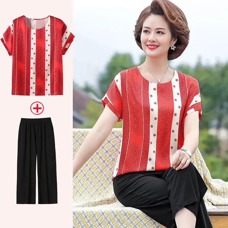 

Plus Size 2021 Summer Women T-shirt Vintage Print real silk Short Sleeve T Shirt Middle-aged Mother Clothes Female Tops suit