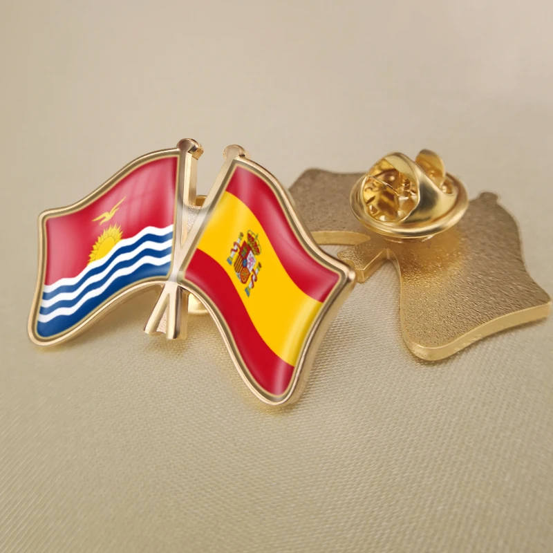 

Kiribati and Spain Crossed Double Friendship Flags Lapel Pins Brooch Badges