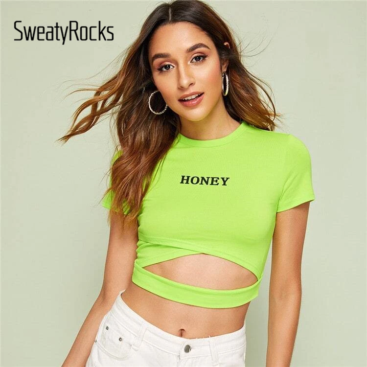 SweatyRocks, неоновый Лайм, надпись, укороченная футболка, женская уличная одежда, тройники, лето, тянущиеся тонкие футболки, повседневная женская сексуальные вершины