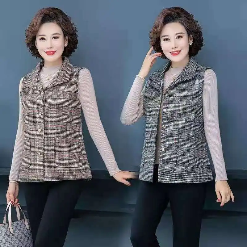 

Middle-aged mother Plaid Vest Jacket Spring Autumn Slim Sleeveless Coat Plus size Short Outerwear Casual Tops Women's Waistcoat