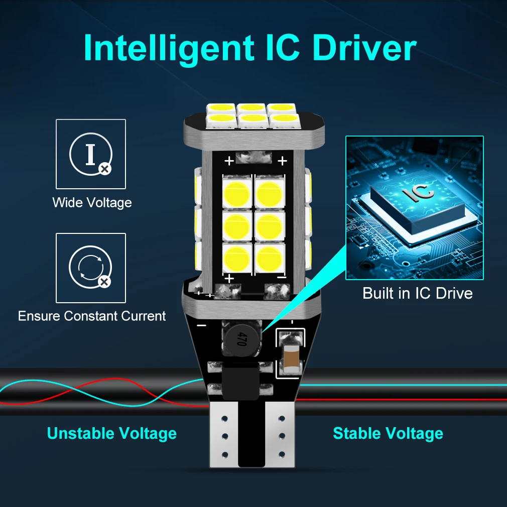 Фото Светодиодная лампа T15 W16W 3030SMD Canbus 920 921, лампа OBC 912 лм для заднего хода автомобиля, стоп-сигнал, 6000 К, белый, 12 В, 2 шт. №4