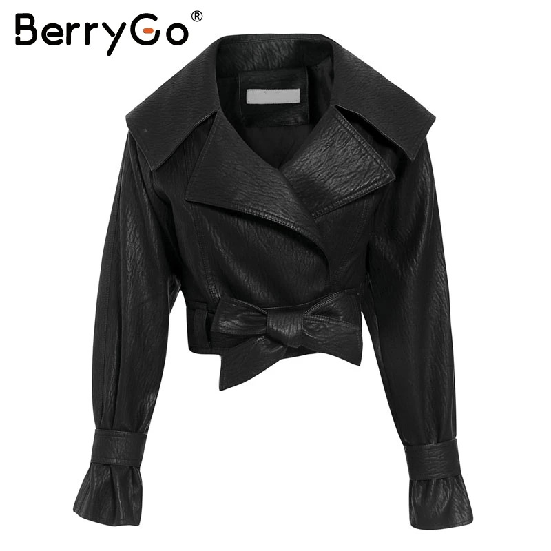 BerryGo Женская куртка из искусственной кожи, пальто с v-образным вырезом и галстуком-бабочкой, мотоциклетная Женская верхняя одежда, Бандажное пальто, высокая уличная Женская Черная Куртка