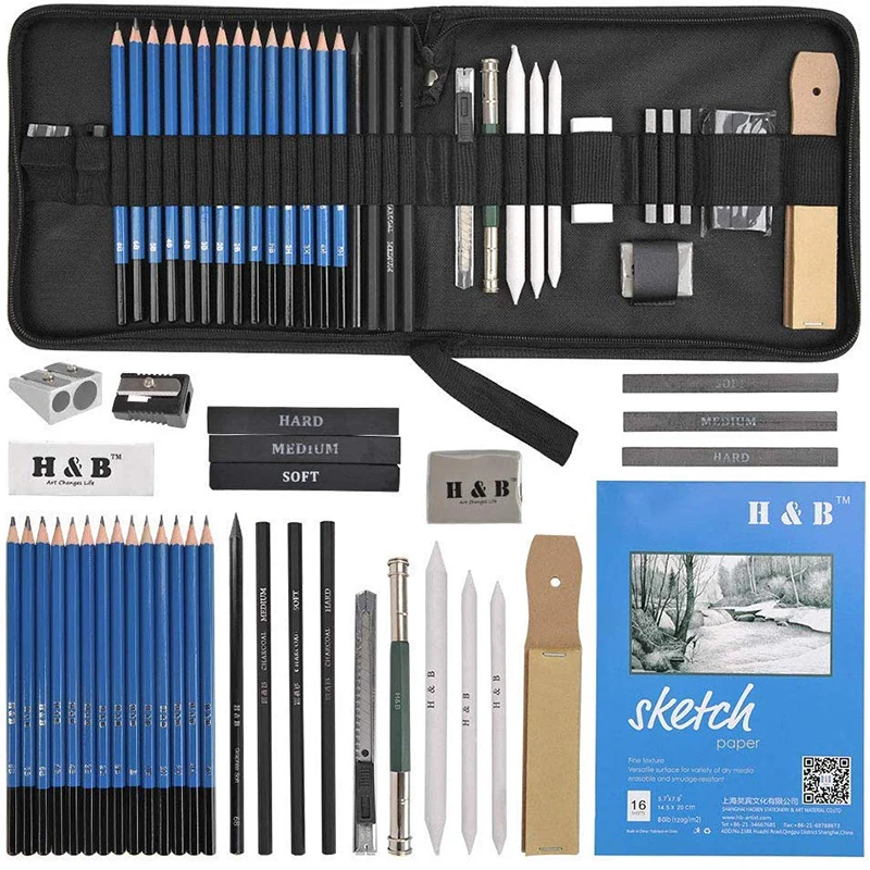 35PCS Drawing Pencils Artists Sketching Art set with Sketch Paper Zipper Case includes Graphite Pastel Charcoal | Канцтовары для