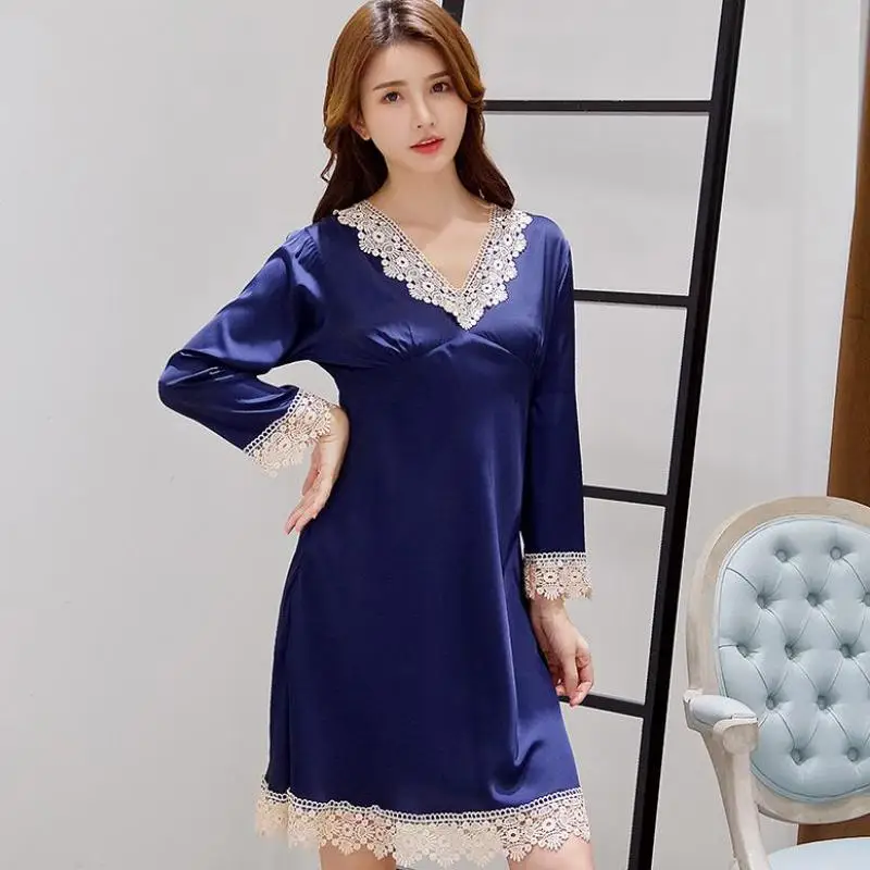 

Summer Lady Night Dress Lace Trim Mini Nightgown Satin Sleepwear V-neck Nightdress Casual Home Dressing Gown Negligee